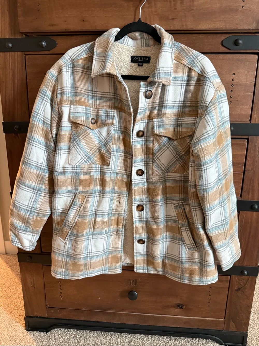 Love Tree Plaid Button-Up Shacket - M